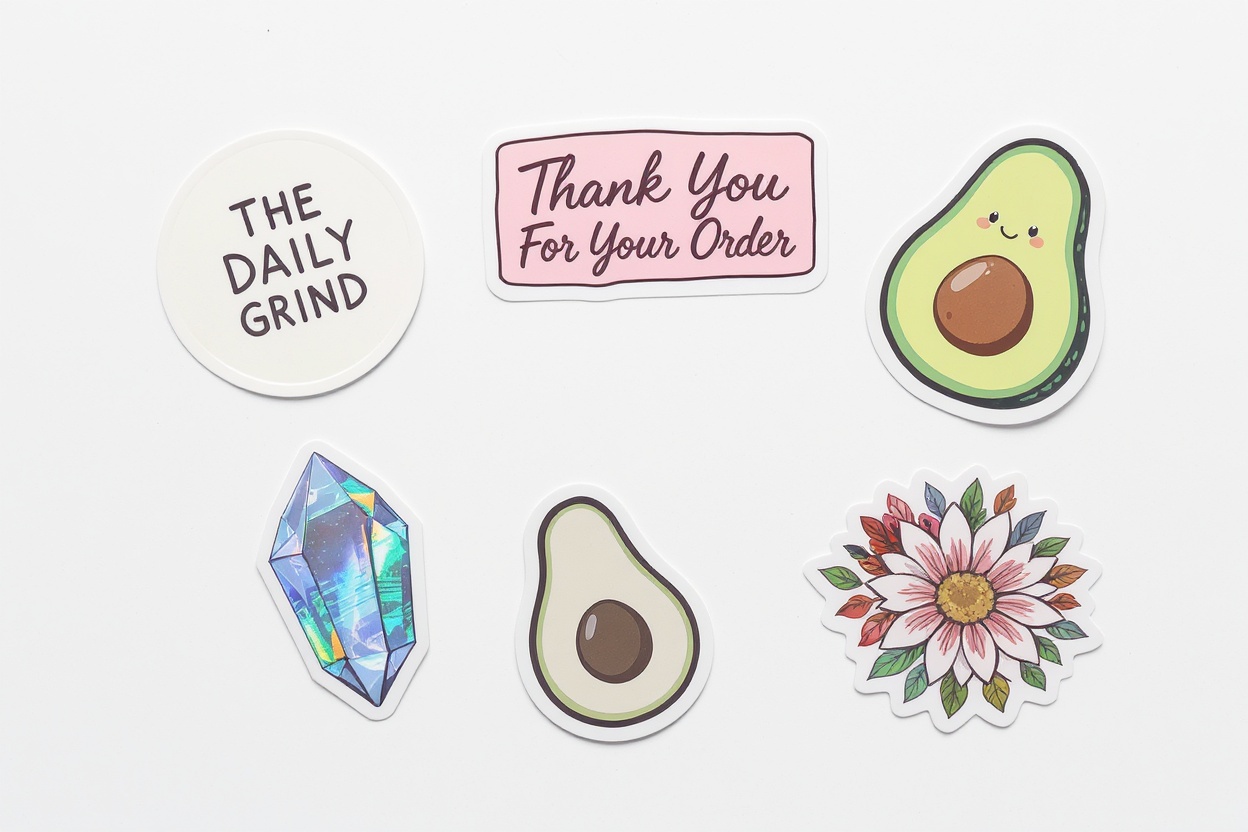 An overhead shot of several custom die-cut stickers with various designs and finishes scattered on a white background, demonstrating creative branding and personal expression.
