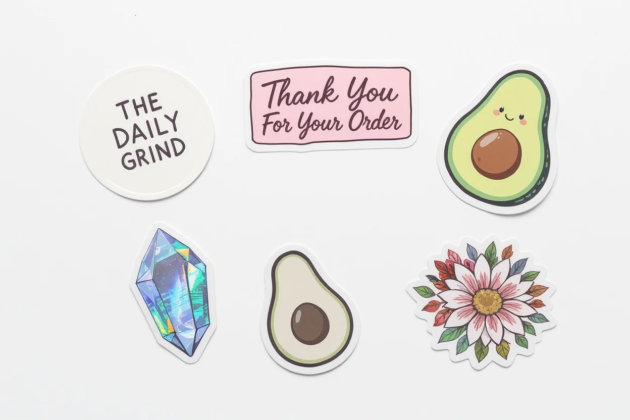 An overhead shot of several custom die-cut stickers with various designs and finishes scattered on a white background, demonstrating creative branding and personal expression.