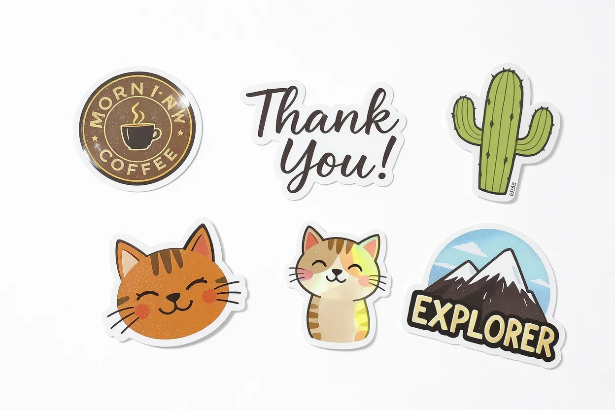 A flat lay of various colorful custom die-cut stickers scattered on a white background, including a coffee brand logo, a thank you note, and illustrative designs like a cartoon cactus and a cat.