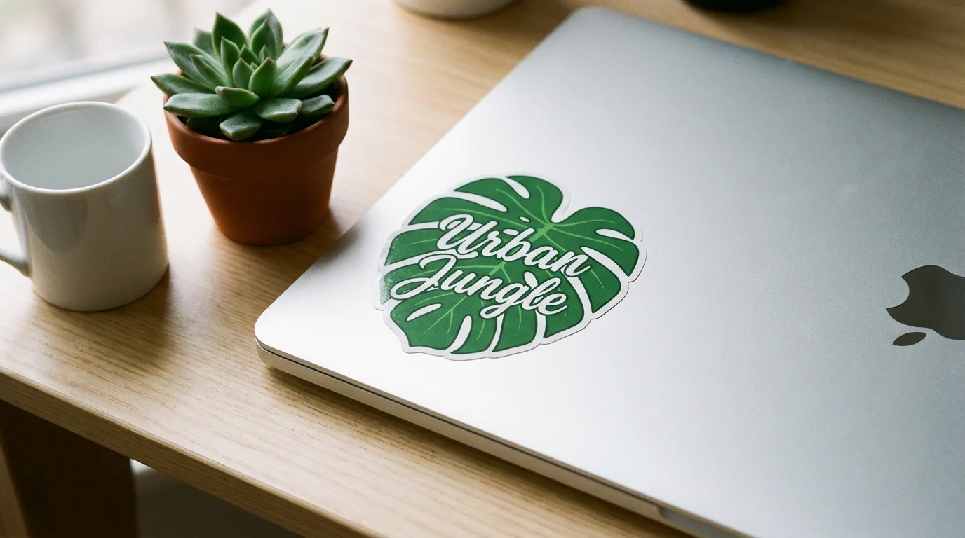 A custom die-cut sticker of a green monstera leaf with the text 'Urban Jungle' applied to the lid of a silver laptop resting on a wooden desk.