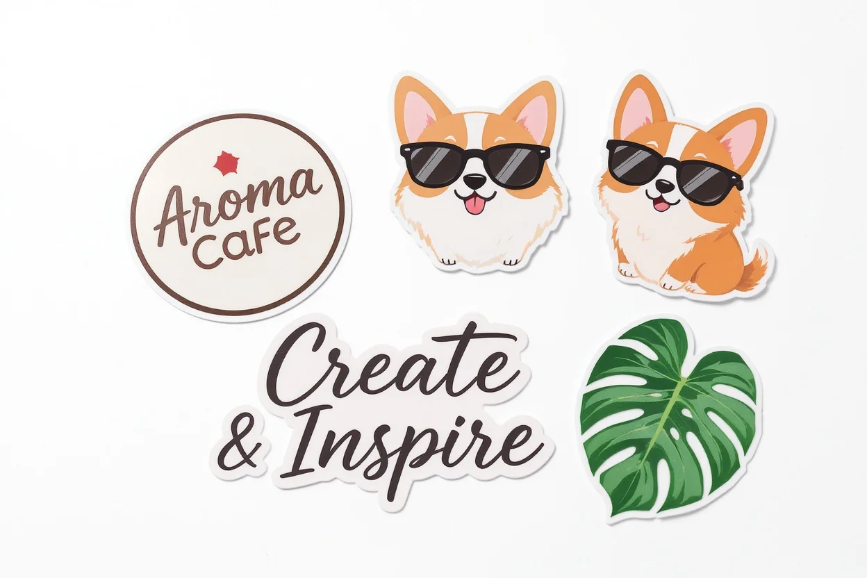 A collection of custom-designed stickers in various shapes and styles, including a coffee shop logo, a cartoon corgi, and a leaf, arranged on a clean white surface.