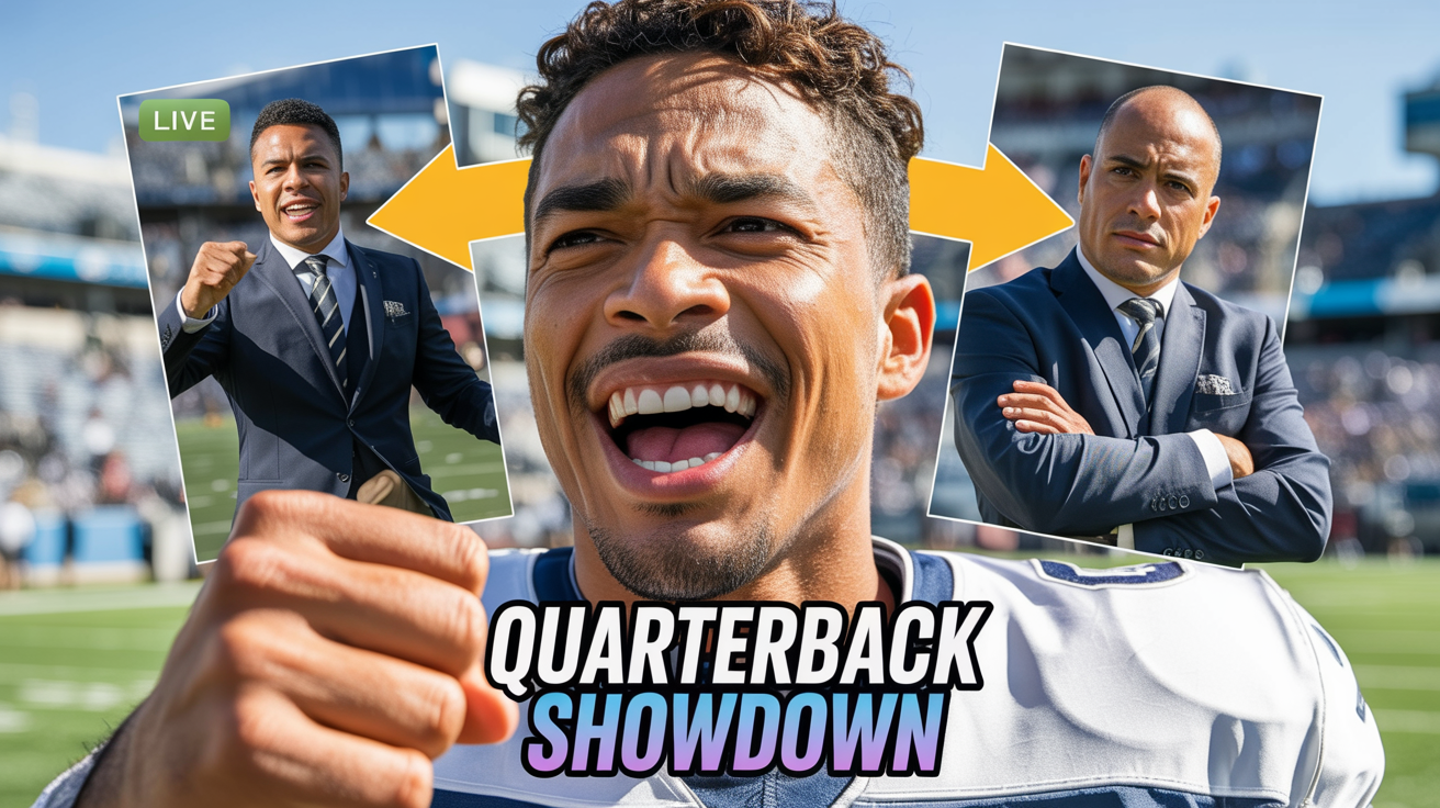 A dynamic football YouTube thumbnail with a three-panel design. It shows a sports commentator on the left, a smiling quarterback in the center, and a serious coach on the right. A yellow arrow points from the player to the coach, and text at the bottom reads 'QUARTERBACK SHOWDOWN'.