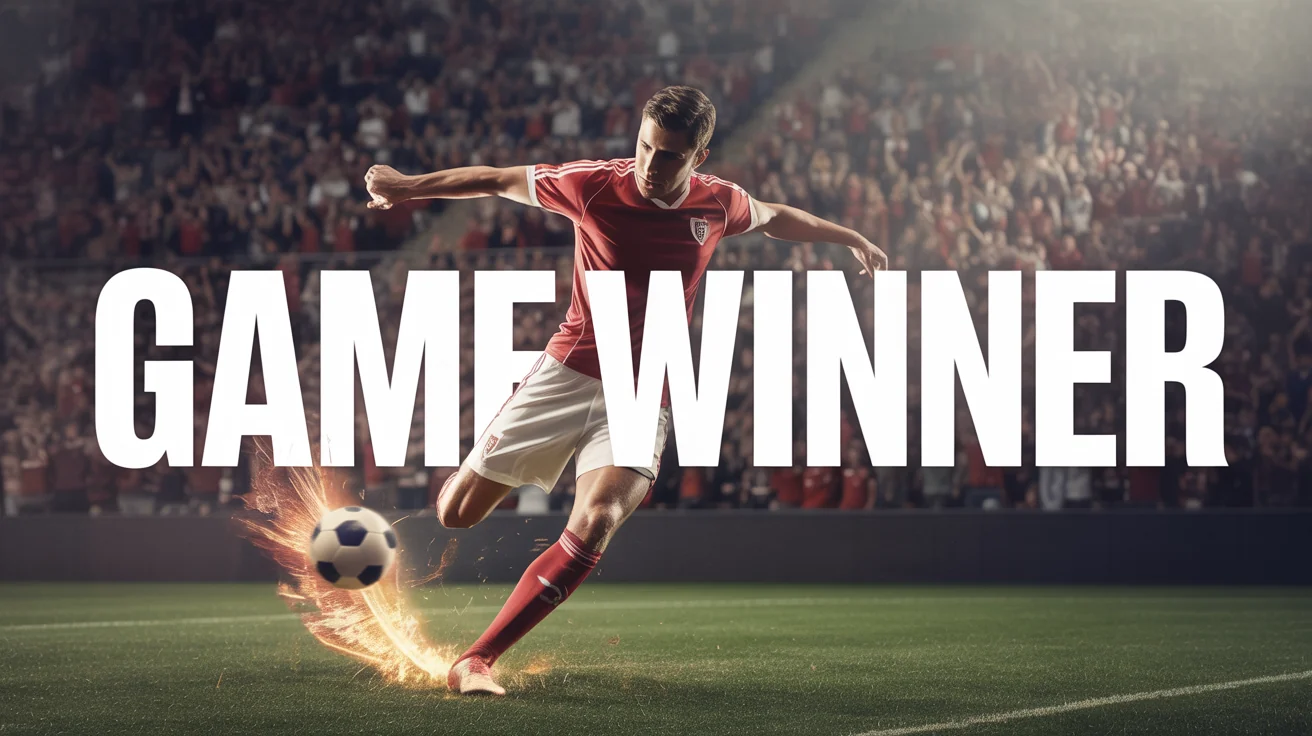 A mockup of a football YouTube thumbnail showing a player kicking a ball in a stadium, with the text 'GAME WINNER' prominently displayed.