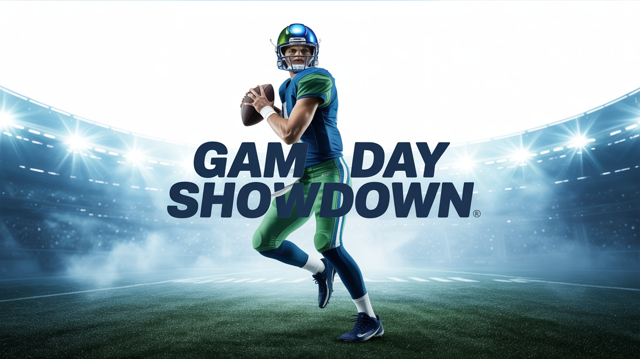 An action-packed football thumbnail showing a quarterback about to throw a pass in a stadium, with the text 'GAME DAY SHOWDOWN' prominently displayed, all on a white background.