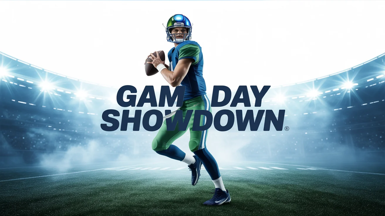 An action-packed football thumbnail showing a quarterback about to throw a pass in a stadium, with the text 'GAME DAY SHOWDOWN' prominently displayed, all on a white background.