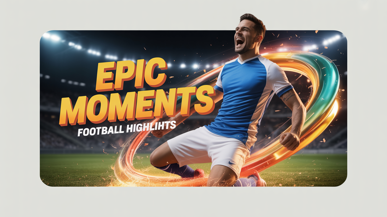 A football thumbnail mockup showing a player celebrating a goal with explosive light effects in the background. The text reads 'EPIC MOMENTS' and 'FOOTBALL HIGHLIGHTS'.