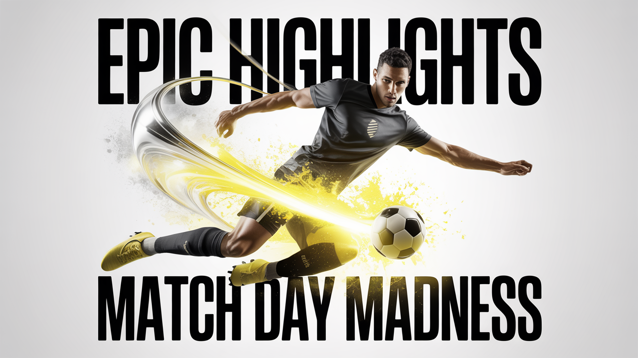 A football thumbnail mockup featuring a player in a red and white kit kicking a soccer ball with a light burst effect on a white background. The text reads 'EPIC HIGHLIGHTS' and 'MATCH DAY MADNESS'.