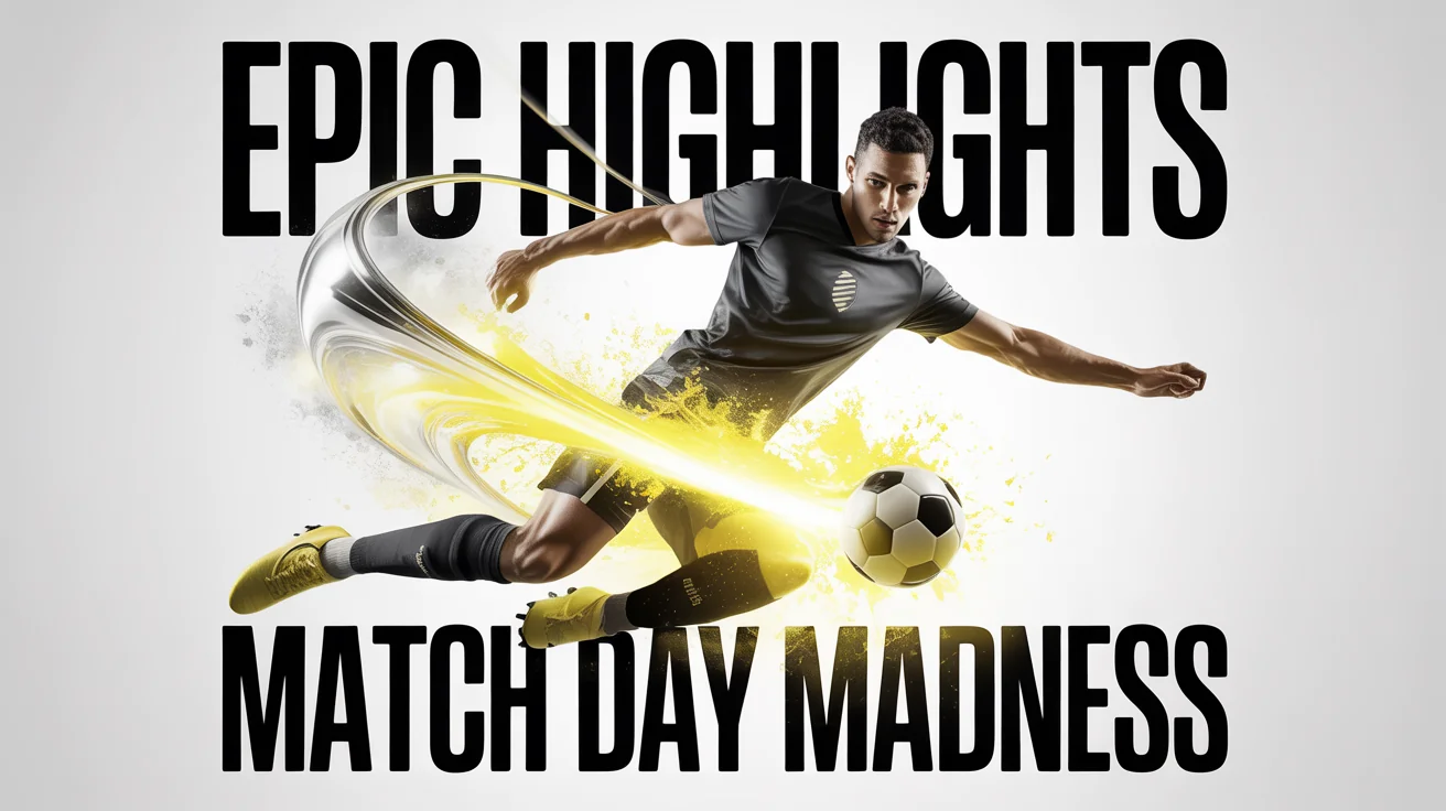 A football thumbnail mockup featuring a player in a red and white kit kicking a soccer ball with a light burst effect on a white background. The text reads 'EPIC HIGHLIGHTS' and 'MATCH DAY MADNESS'.