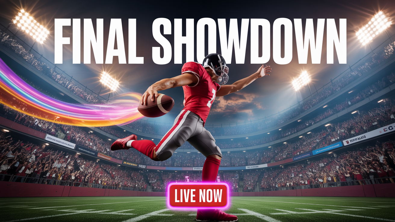 A football YouTube thumbnail showing a player mid-kick in a packed stadium at night. The thumbnail has bold text that reads 'FINAL SHOWDOWN' and 'LIVE NOW'.