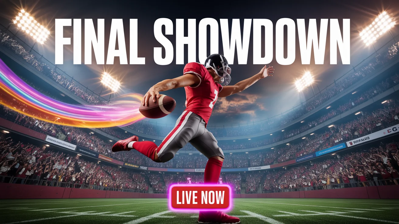 A football YouTube thumbnail showing a player mid-kick in a packed stadium at night. The thumbnail has bold text that reads 'FINAL SHOWDOWN' and 'LIVE NOW'.