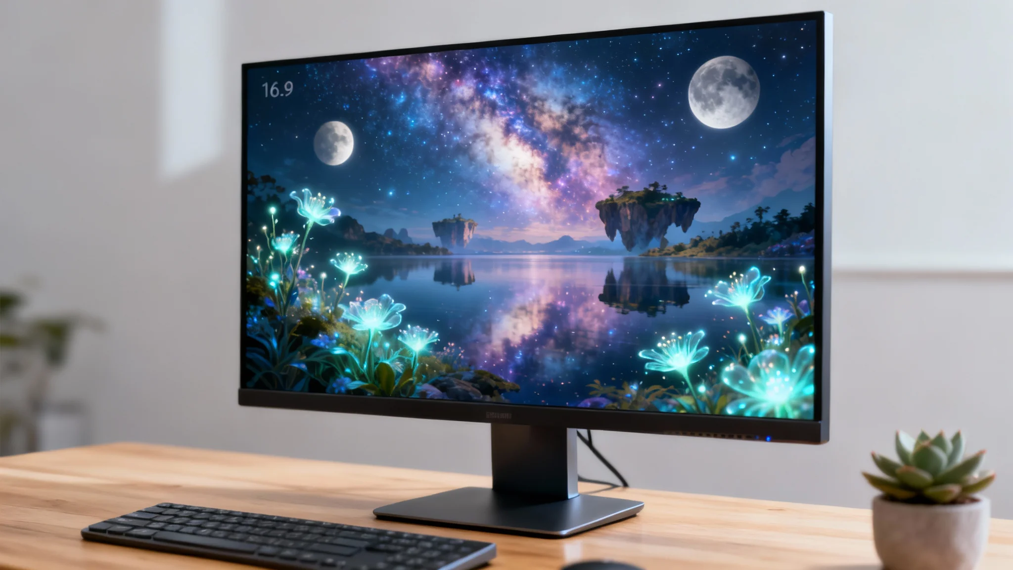A modern computer monitor on a desk, showcasing a beautiful fantasy art wallpaper with a glowing forest and nebula sky, representing a custom wallpaper creation tool.