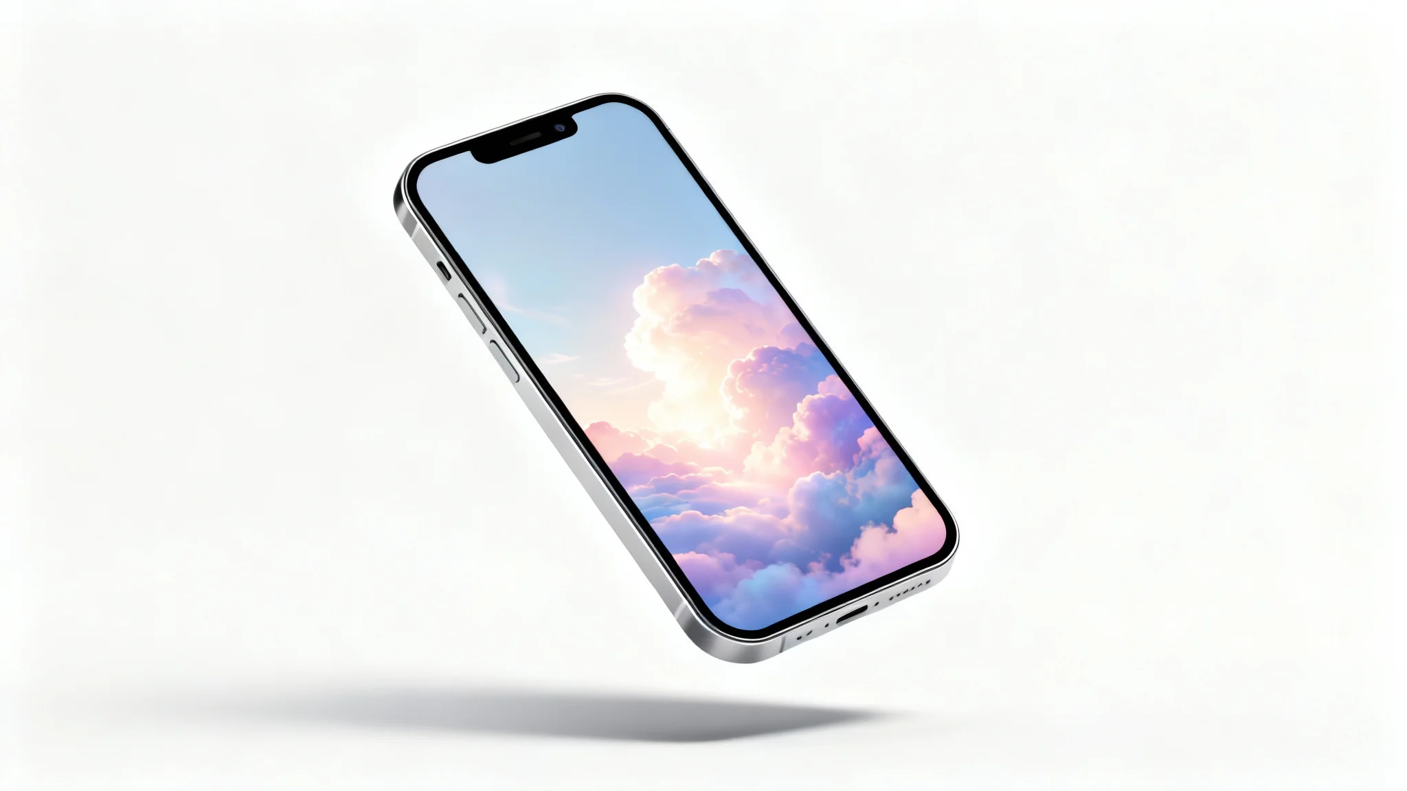 A mockup of a modern smartphone showcasing a dreamy, abstract pastel landscape wallpaper, floating against a plain white background.