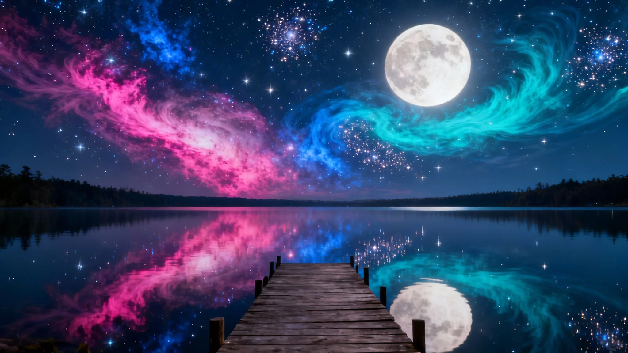 A breathtaking wallpaper showing a calm lake reflecting a vibrant, multi-colored nebula and a full moon in the night sky, with a wooden pier in the foreground.
