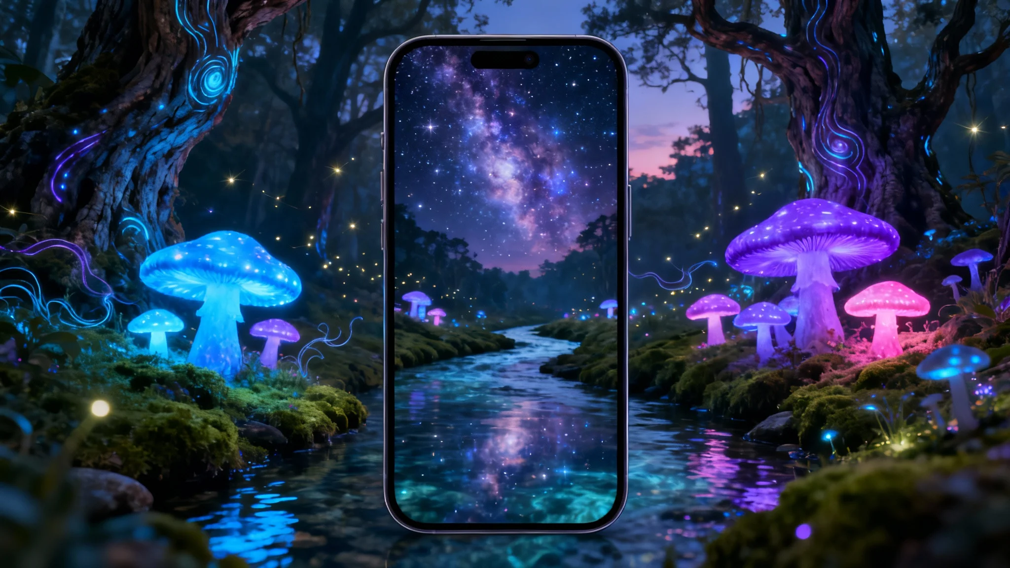 A magical forest wallpaper for a phone, featuring a glowing stream and large, bioluminescent mushrooms under a starry nebula sky.