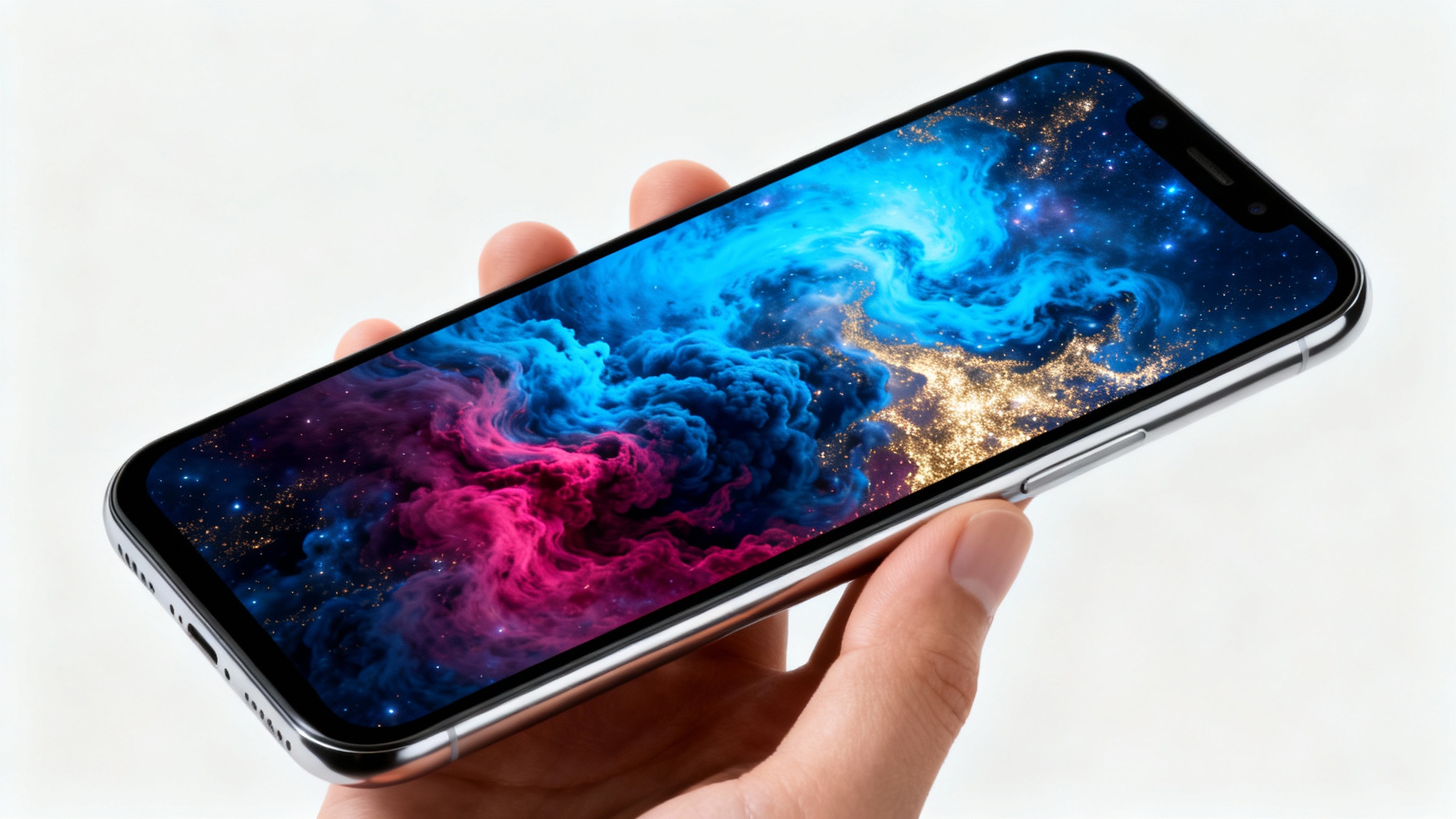 A close-up of a hand holding a modern smartphone, showcasing a vibrant and abstract wallpaper with blue, magenta, and gold swirls on its screen, set against a plain white background.