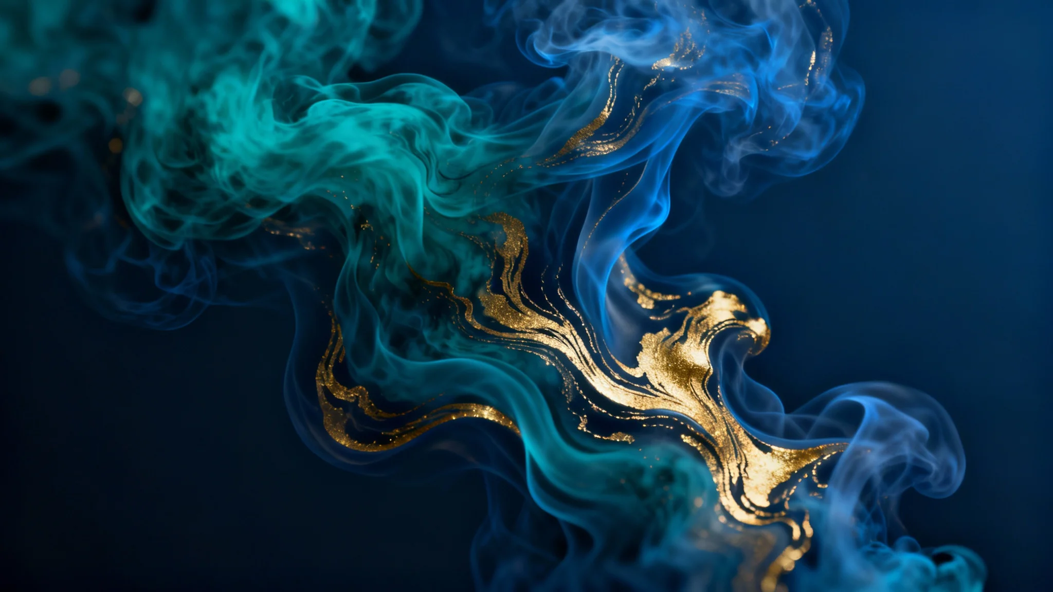 An abstract wallpaper design featuring elegant swirls of teal and gold on a dark navy background, creating a luxurious and modern feel.