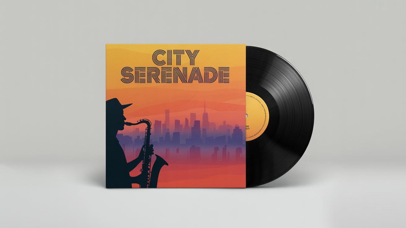 A professionally shot photo of a vinyl record and its cover on a clean surface. The cover art features a colorful sunset city skyline, a saxophonist silhouette, and the title 'CITY SERENADE' in retro font.