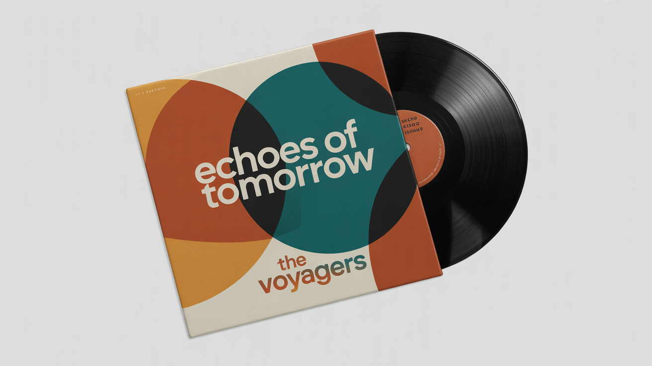 A photorealistic mockup of a vinyl record album cover titled 'Echoes of Tomorrow' by 'The Voyagers', featuring a retro-futuristic design, with the black vinyl record partially visible from the sleeve, set against a plain white background.