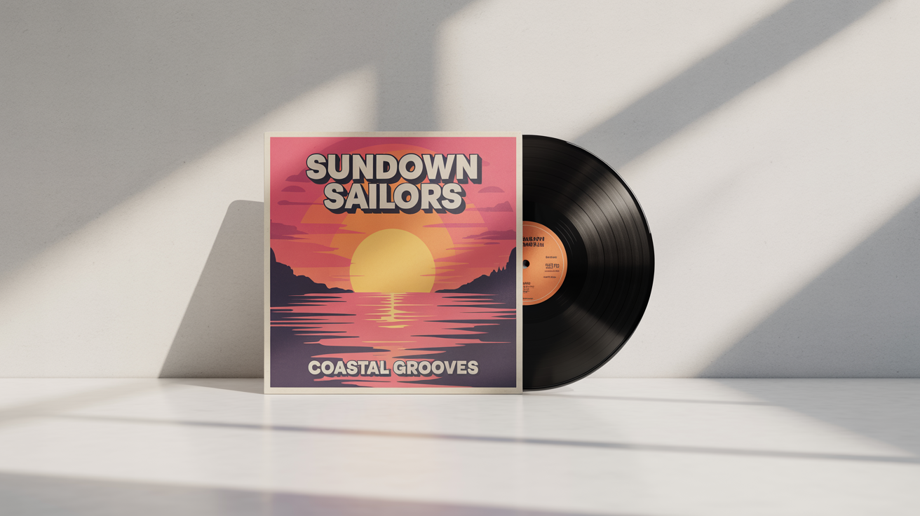 A photorealistic mockup of a vinyl record album titled 'Coastal Grooves' by the band 'Sundown Sailors', featuring retro sunset artwork and a black vinyl disc peeking out, all against a clean white background.