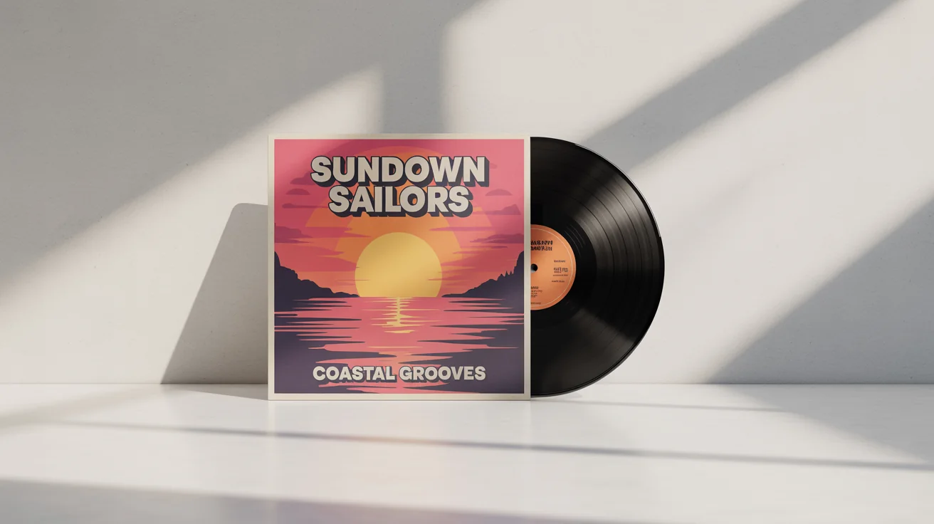 A photorealistic mockup of a vinyl record album titled 'Coastal Grooves' by the band 'Sundown Sailors', featuring retro sunset artwork and a black vinyl disc peeking out, all against a clean white background.