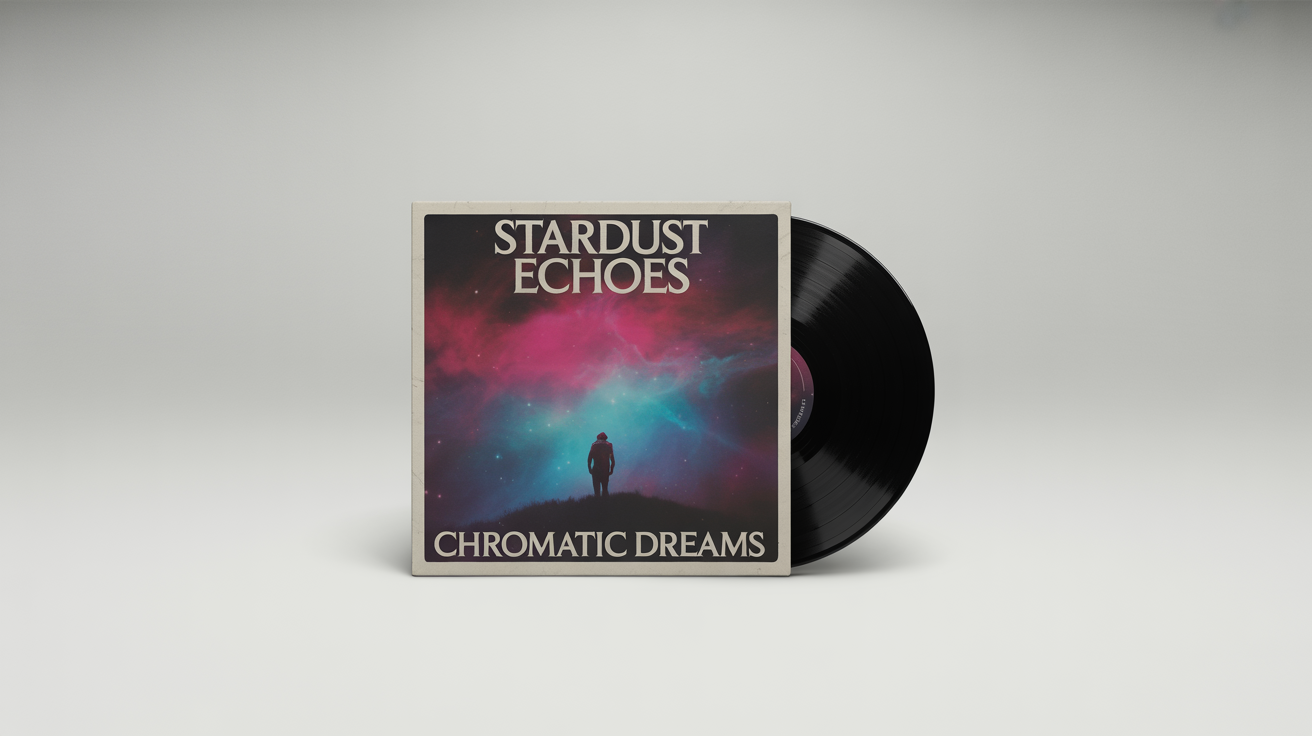 A photorealistic mockup of a vinyl record album cover titled 'Chromatic Dreams' by 'Stardust Echoes', with the black vinyl disc partially visible, set against a clean white background.