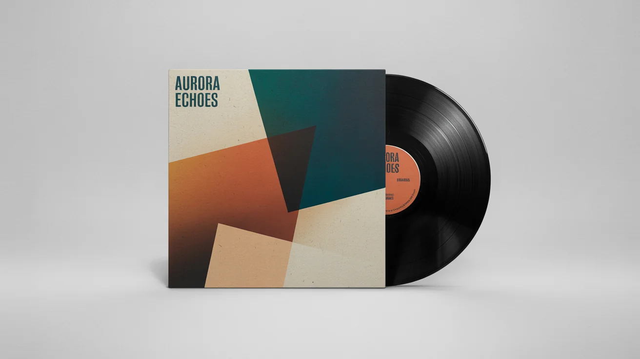 A mockup of a modern vinyl record cover with an abstract geometric design. The artist name 'AURORA' and album title 'ECHOES' are printed on the front, and the black vinyl record is partially visible.