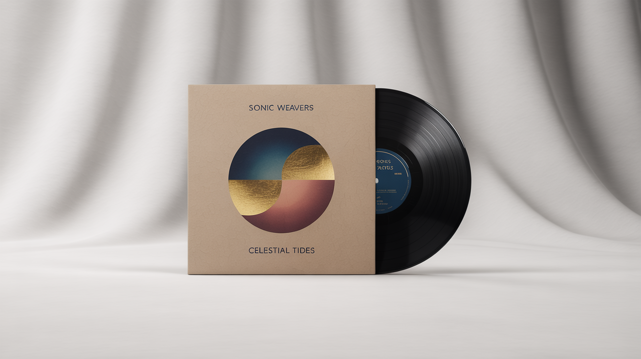 A photorealistic mockup of a vinyl record album against a white background. The cover features a minimalist celestial design with the artist name 'Sonic Weavers' and album title 'Celestial Tides'. The black vinyl record is partially pulled out of the sleeve.