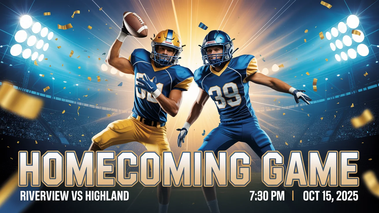 A professionally designed homecoming football poster in blue and gold, featuring two players in dynamic poses. The poster text announces the 'Homecoming Game' between Riverview and Highland on Oct 15, 2025.