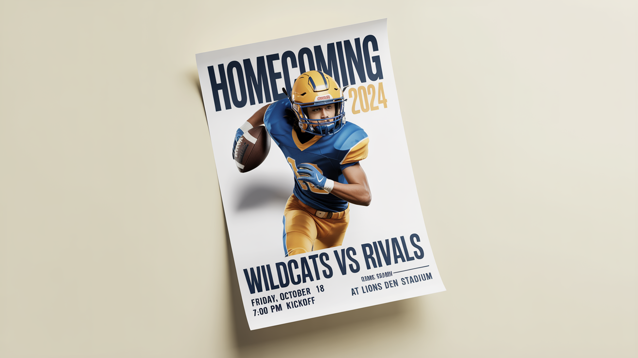A mockup of a homecoming football poster for the Wildcats vs Rivals game, set against a plain white background. The poster features a football player and text for the event details.