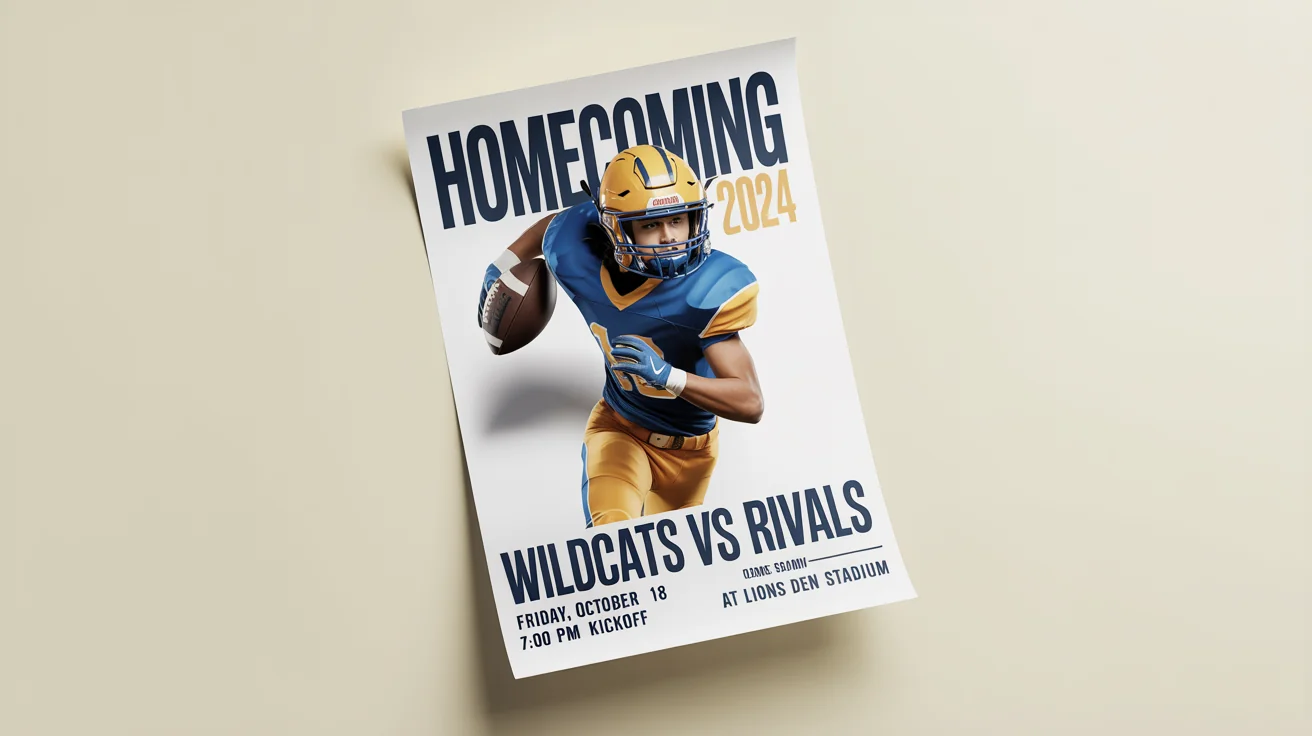 A mockup of a homecoming football poster for the Wildcats vs Rivals game, set against a plain white background. The poster features a football player and text for the event details.