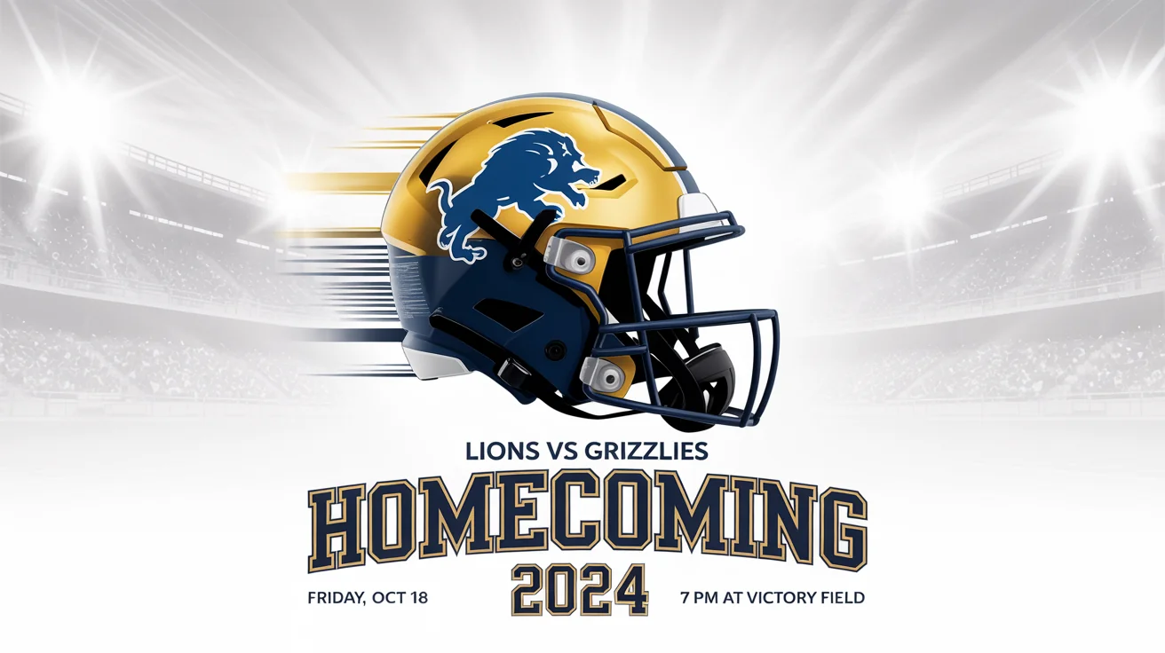 A photorealistic mockup of a navy blue and gold homecoming football poster. It features a lion's head football helmet and bold text announcing a game between the Lions and Grizzlies for Homecoming 2024.