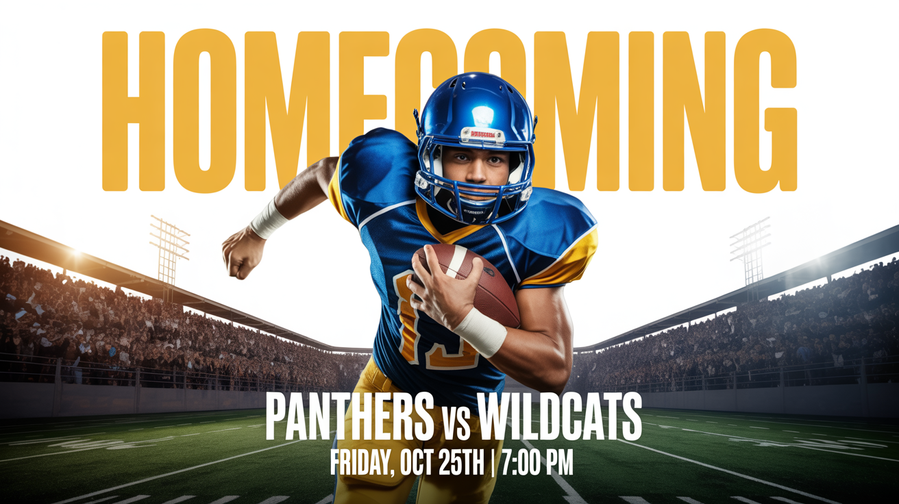 A mockup of a high school homecoming football poster featuring a player running on a field at night. The poster includes text for the event: 'HOMECOMING', 'PANTHERS vs WILDCATS', and the date and time.