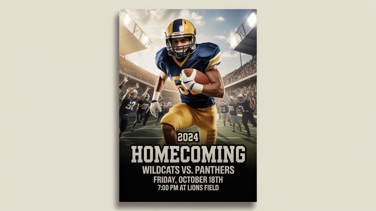 A professionally designed homecoming football poster mockup against a white background. The poster features a football player in action and text that reads 'HOMECOMING 2024, WILDCATS vs. PANTHERS'.