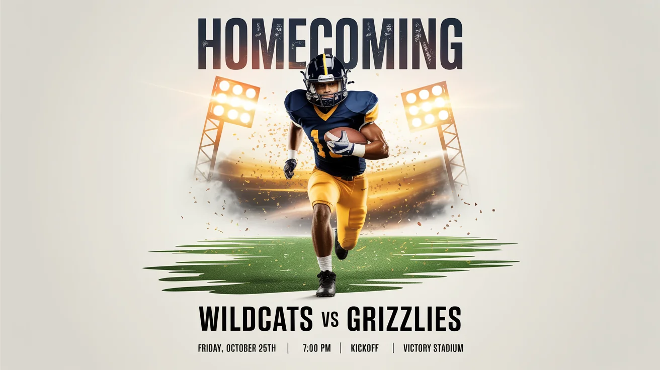 A professionally designed homecoming football poster mockup on a white background. The poster features a football player in action and text that reads 'HOMECOMING, WILDCATS vs GRIZZLIES, FRIDAY, OCTOBER 25th'.