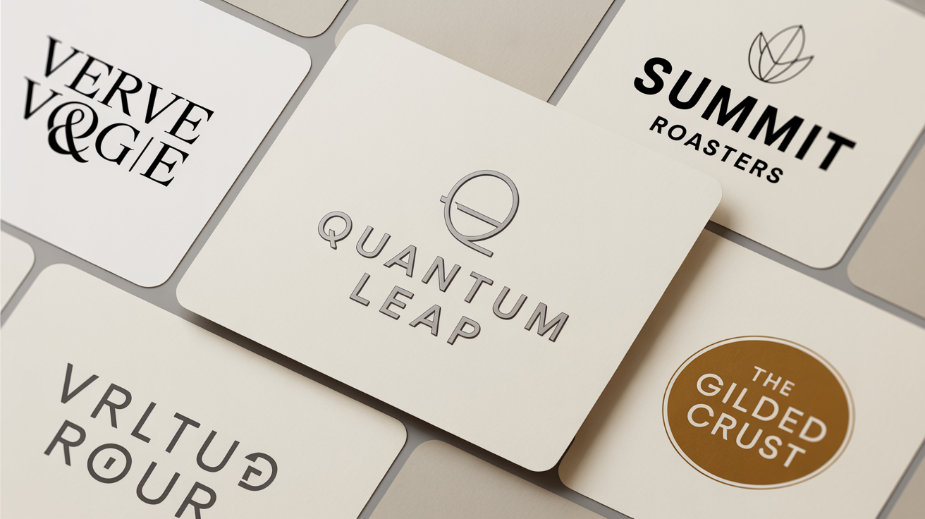 A collection of professionally designed logos for various fictional brands, including tech, fashion, and food, arranged on a clean background to showcase the capabilities of a logo editor.