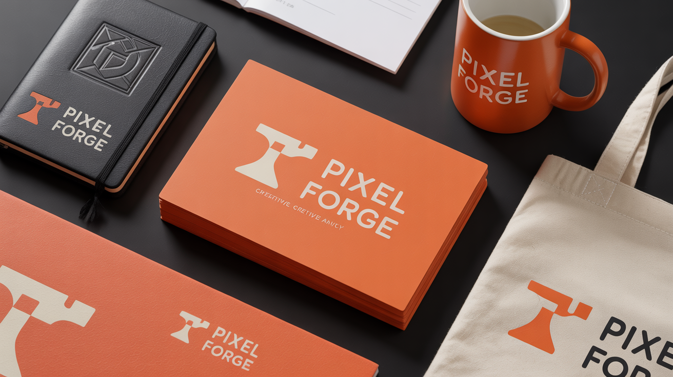 A collection of professional branding mockups for a fictional creative agency 'Pixel Forge', including a business card, notebook, and mug, all featuring a consistent logo on a white background.