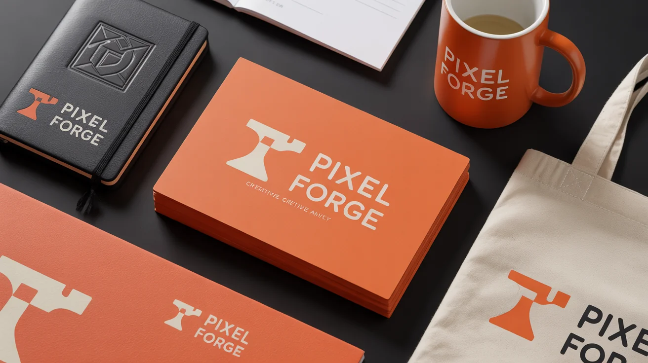 A collection of professional branding mockups for a fictional creative agency 'Pixel Forge', including a business card, notebook, and mug, all featuring a consistent logo on a white background.
