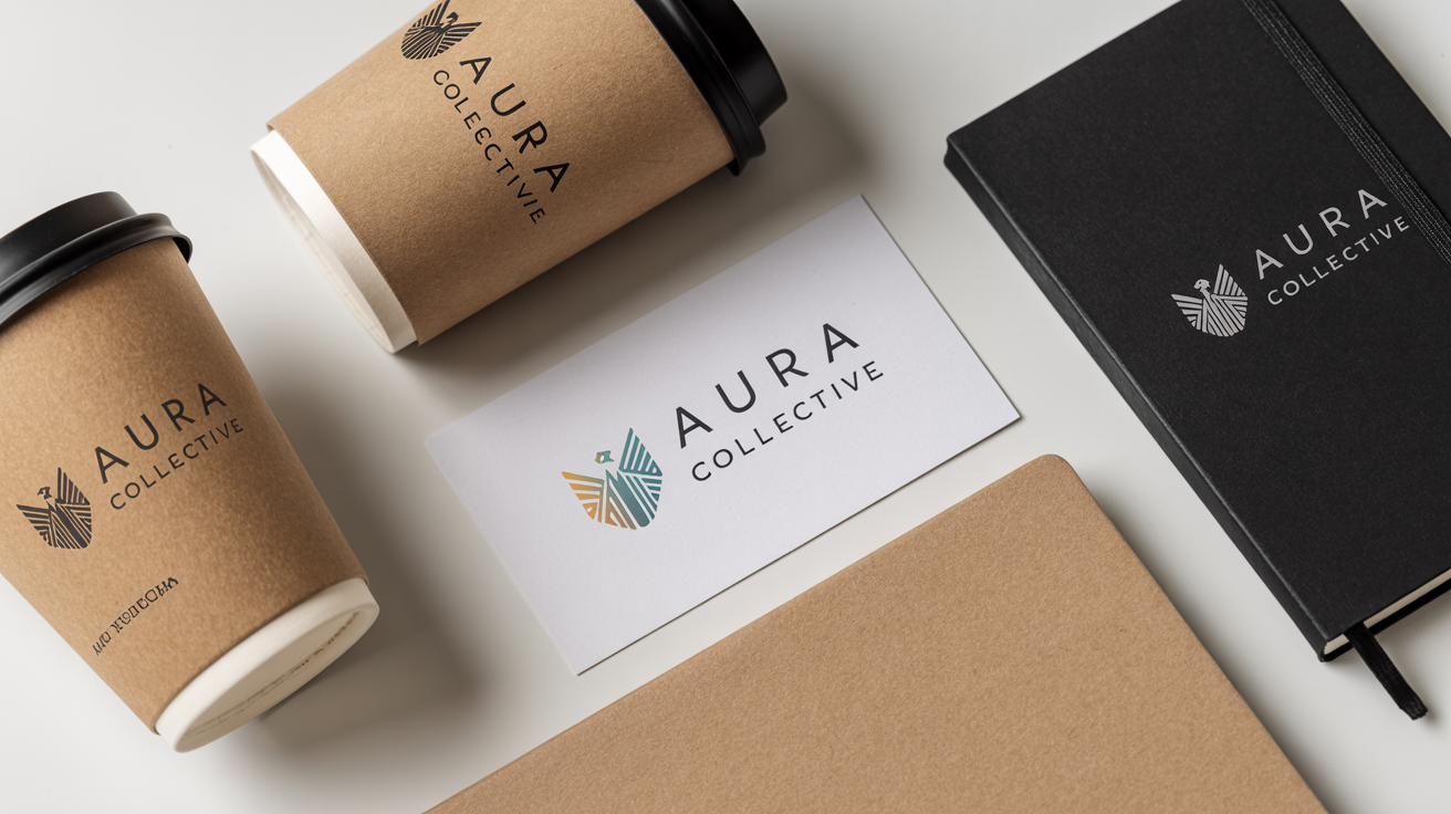 A collection of business branding items, including a business card and coffee cup, featuring a modern logo for the brand 'Aura Collective'.