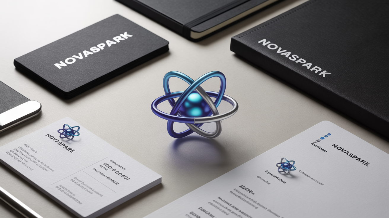A flat lay of professional branding materials for a fictional company 'NovaSpark', including a business card and letterhead, all featuring a modern blue and silver atom logo.