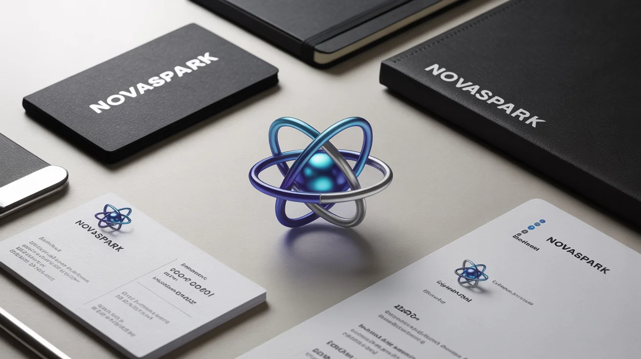 A flat lay of professional branding materials for a fictional company 'NovaSpark', including a business card and letterhead, all featuring a modern blue and silver atom logo.