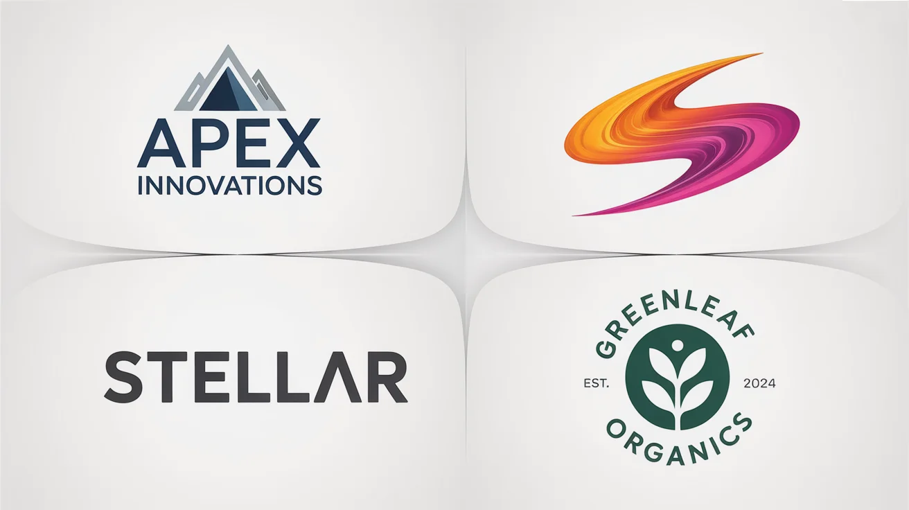 A showcase of four professionally designed logos on a white background: a minimalist blue mountain logo, a vibrant abstract swoosh, a bold typographic logo, and a green circular emblem for an organic brand.
