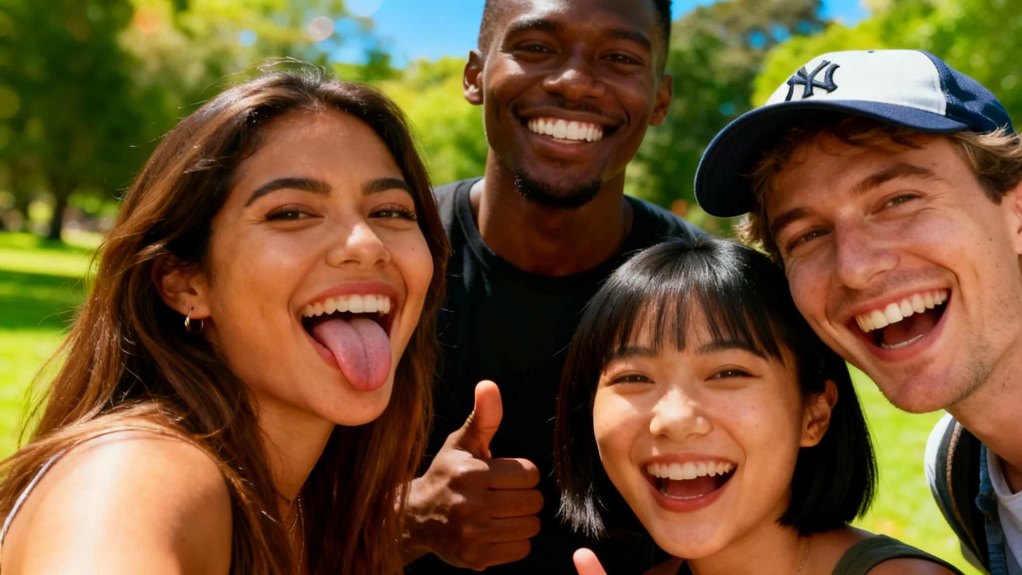 A professionally enhanced hero image showing the final result for a group photo. It features four diverse friends in a park with vibrant colors, perfect lighting, and a softly blurred background, highlighting their joyful expressions.