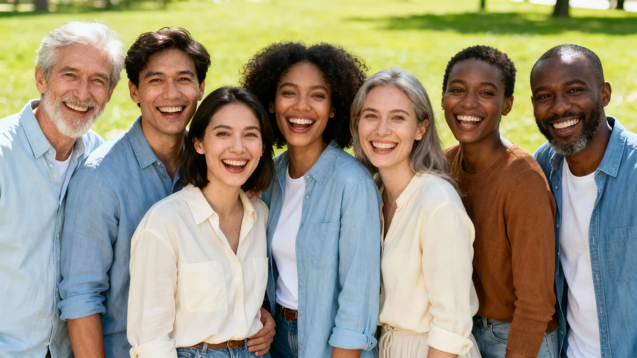 A diverse group of happy friends smiling and posing together for a group photo in a bright, sunny park.