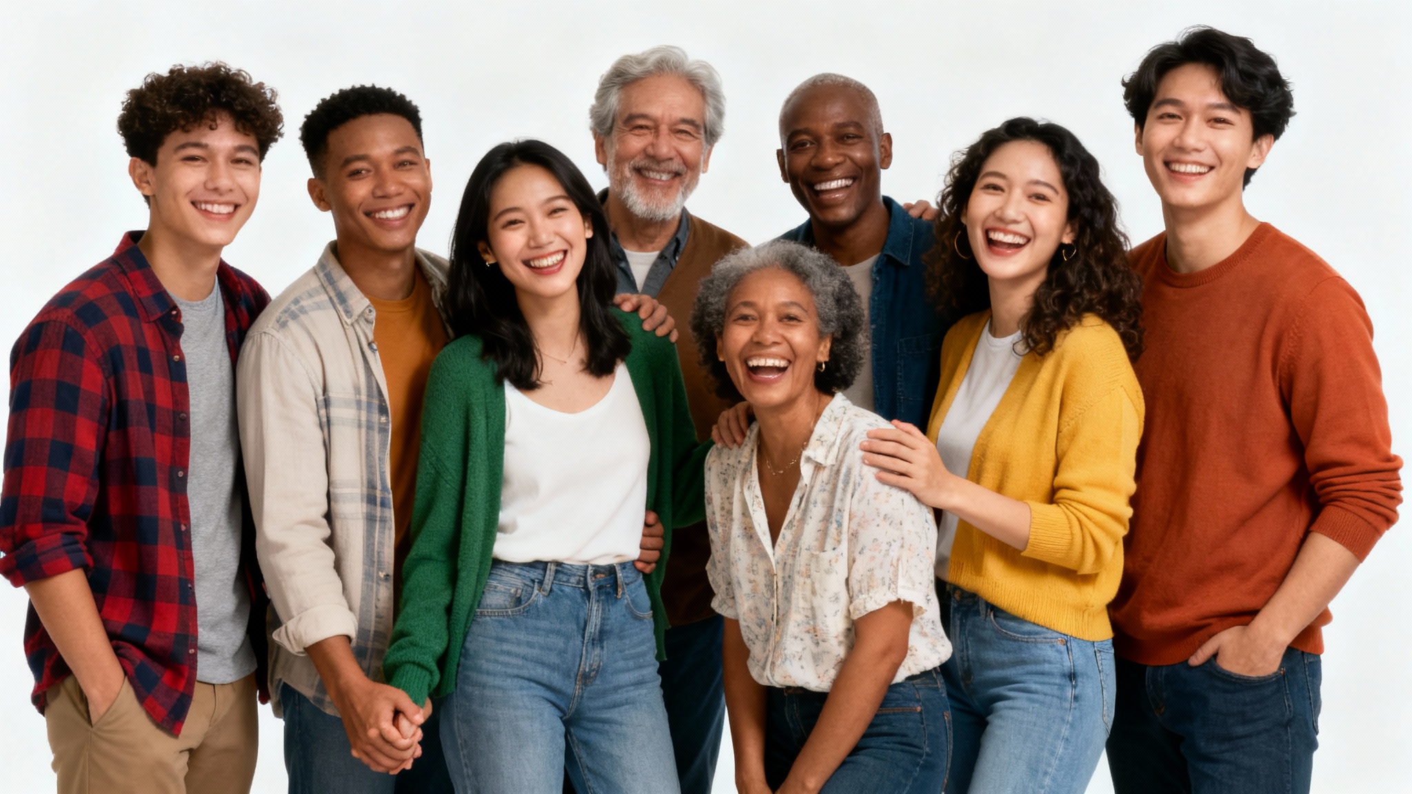 A photorealistic mockup of a diverse group of eight friends and family smiling and laughing, posing for a group photo against a white background.