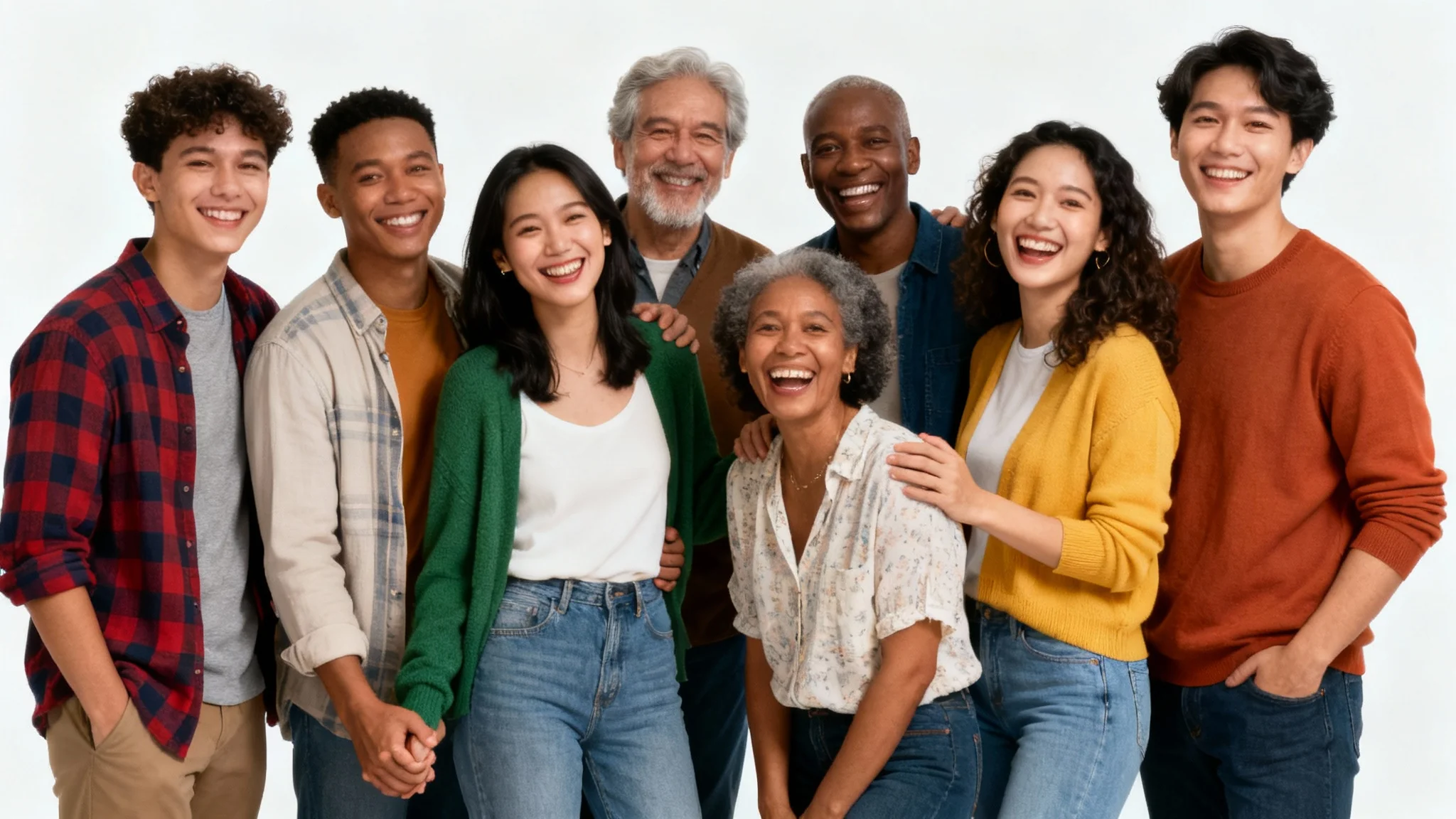 A photorealistic mockup of a diverse group of eight friends and family smiling and laughing, posing for a group photo against a white background.