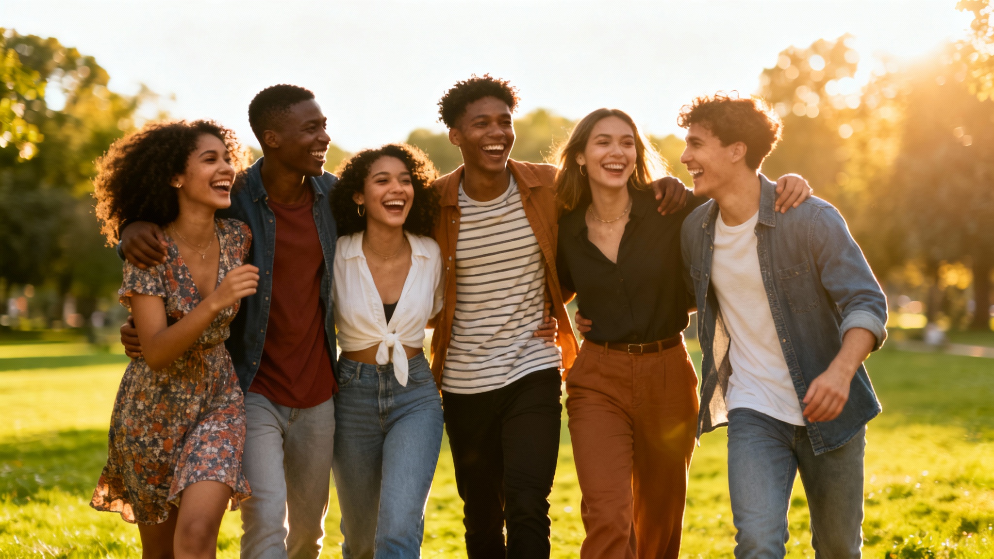 A diverse group of six happy young friends posing for a group photo in a sunny park.