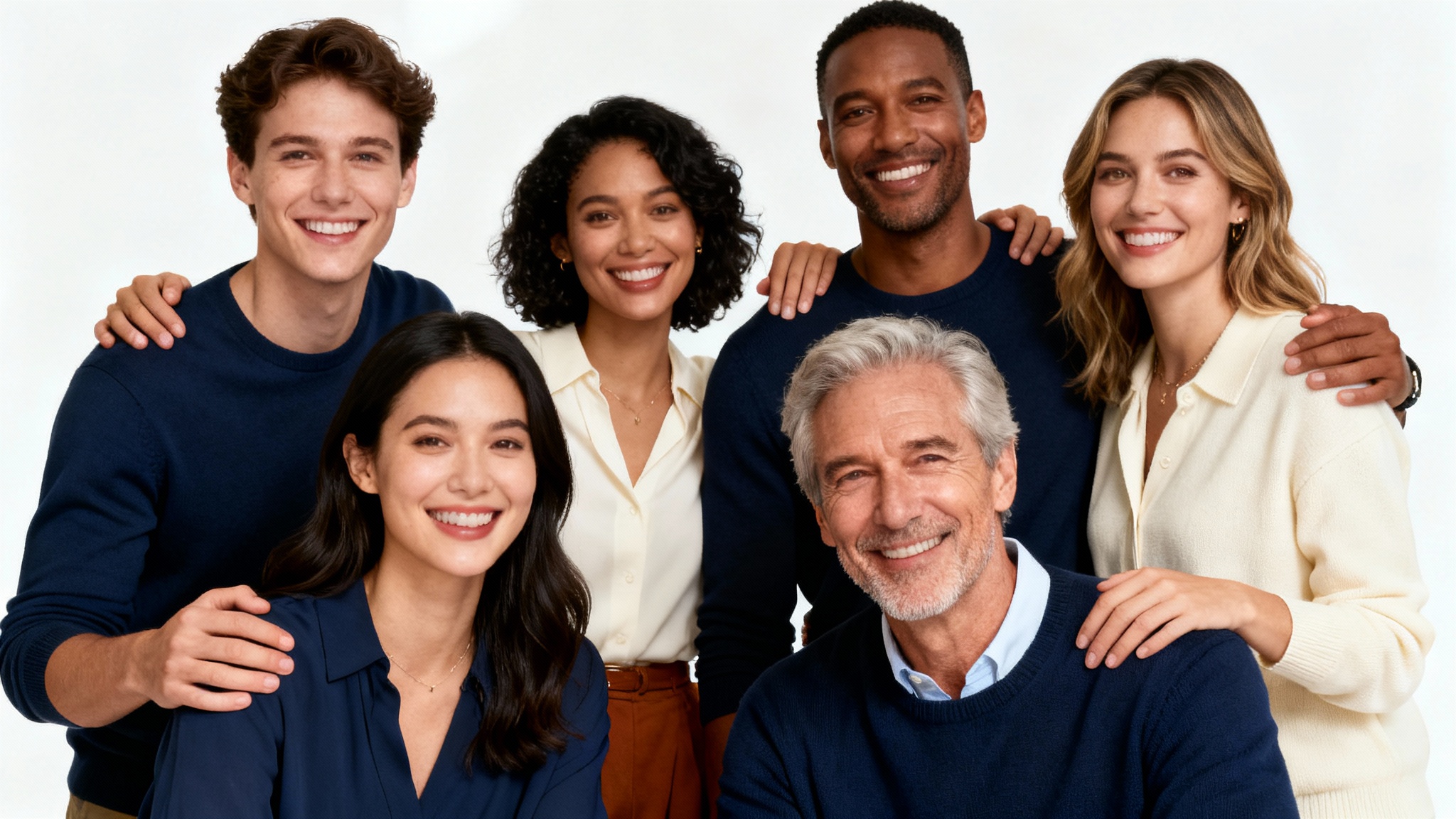 A professional studio photograph of a diverse and happy group of friends posing together against a clean white background.