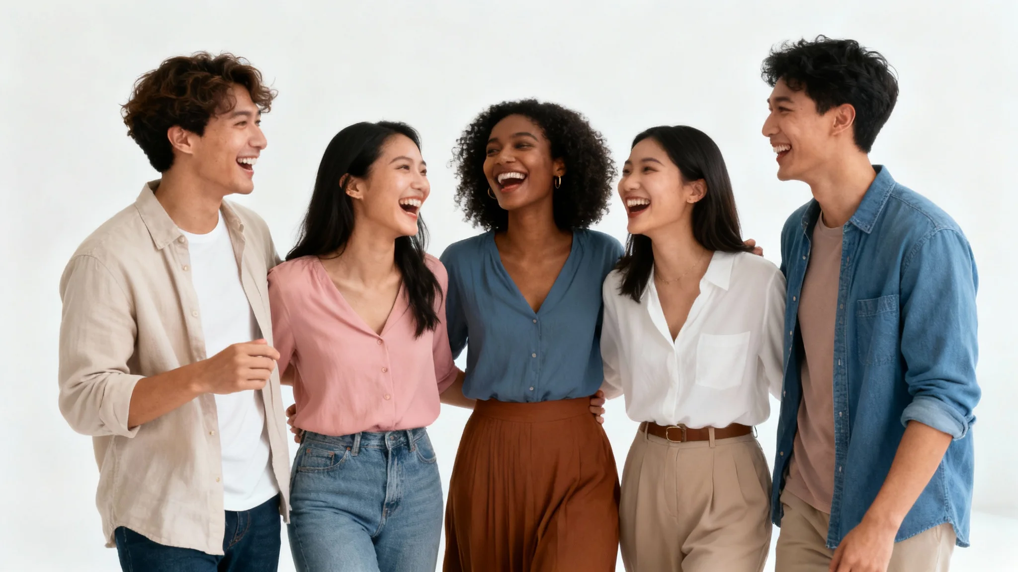 A diverse group of five young adult friends laugh together while posing for a photo against a clean white background, conveying a sense of joy and camaraderie.