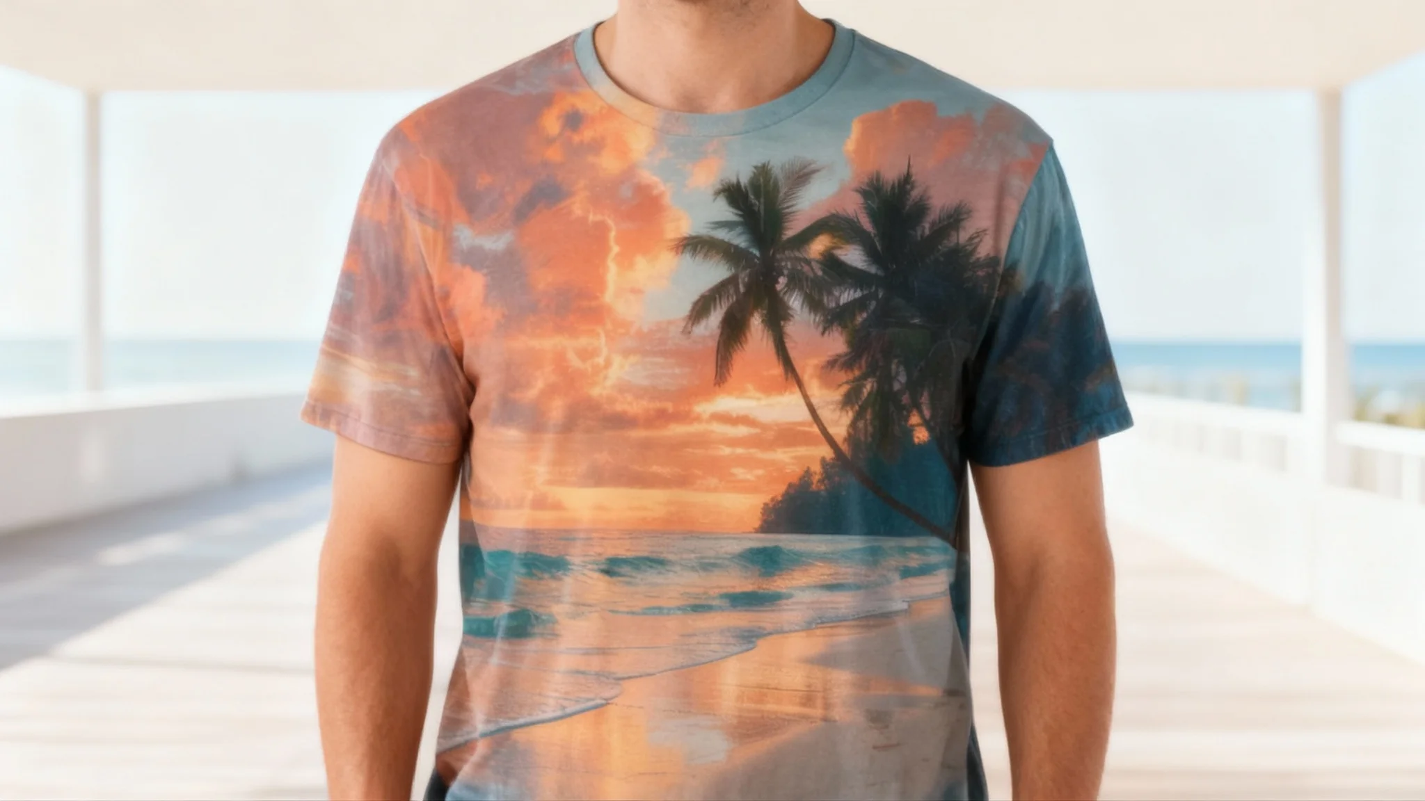 A professional mockup photo showing a person wearing a vibrant, all-over sublimation print t-shirt with a detailed tropical beach sunset design in a clean, stylish setting.