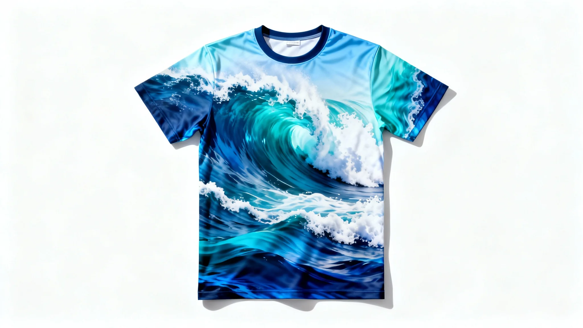 A flat-lay mockup of a sublimation t-shirt with a vibrant, all-over abstract wave design in shades of blue and white, presented on a plain white background.